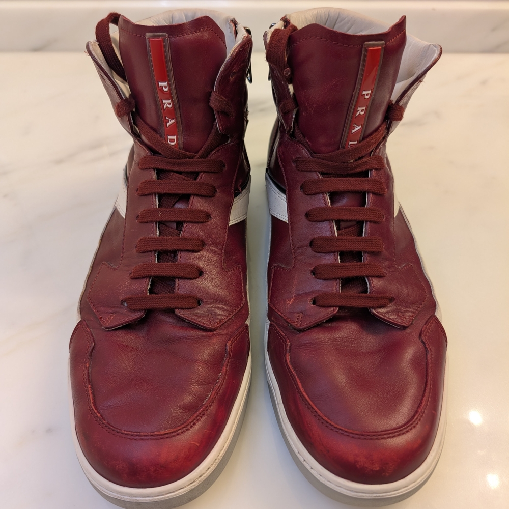 Prada Red High-Top Sneakers with Leather Finish
